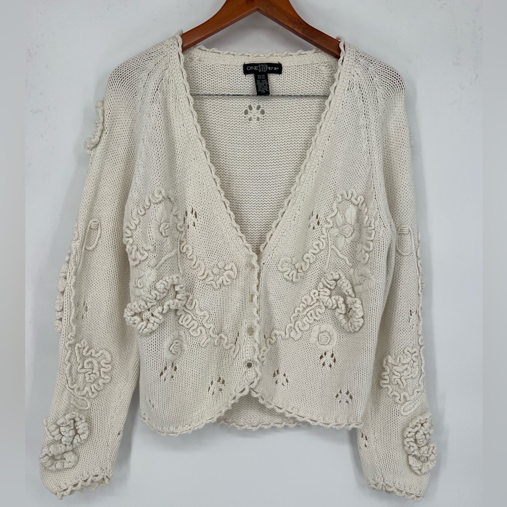 One Step Up Cardigan floral and swirling 3D bobble or crochet embellishments